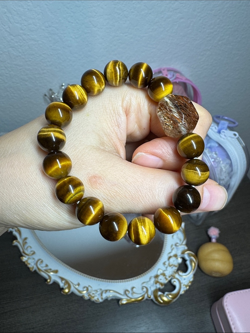 Natural Tiger's Eye Beaded Stretch Crystal Bracelet - Brown